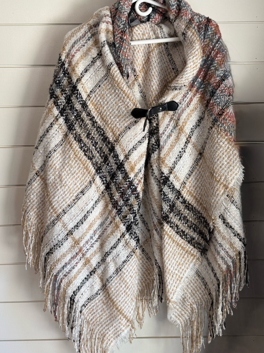 Vince Camuto Cream Plaid Fringed Wrap with Black & Tan Accents